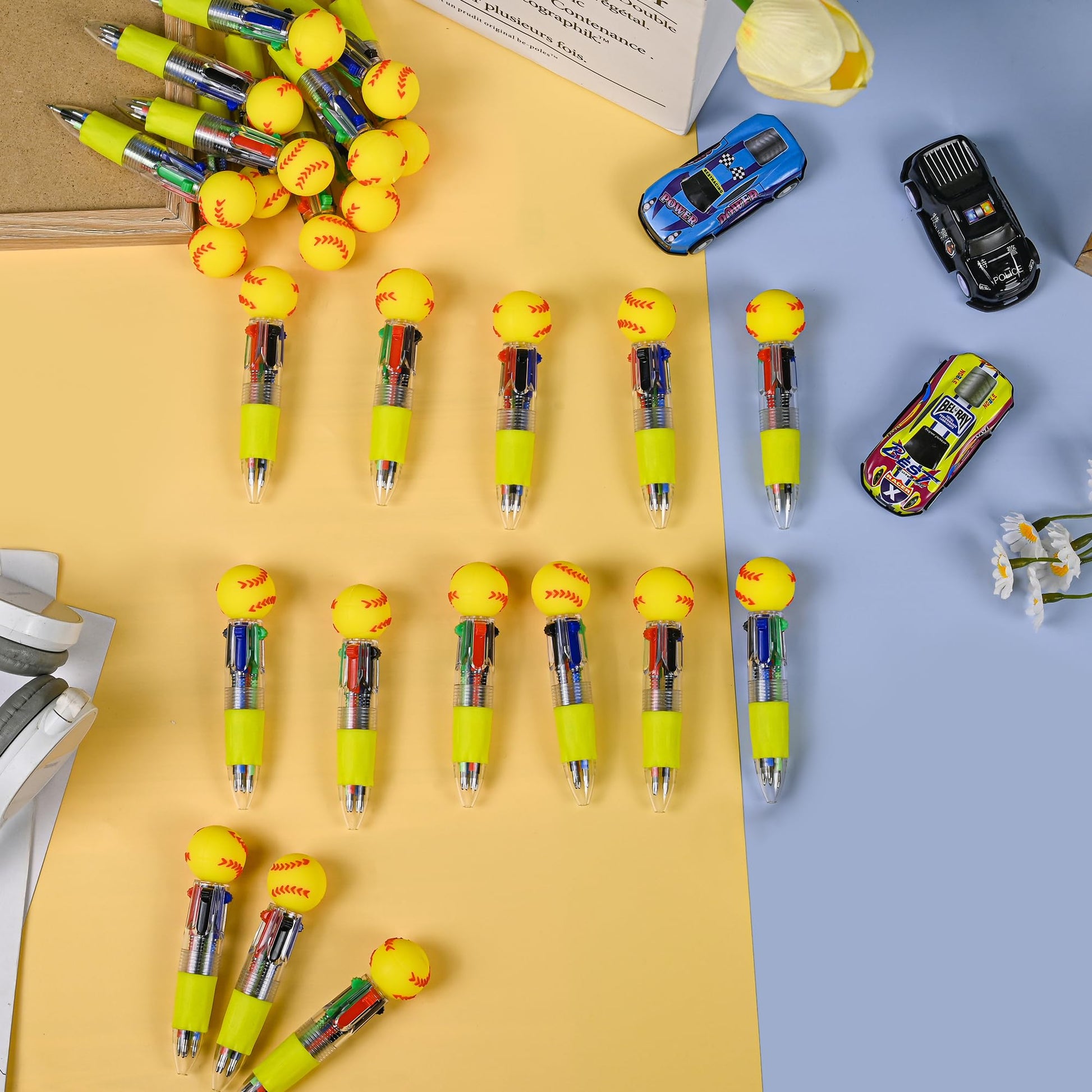 LiYiQ 50 Pcs Softball Party Favor Multicolor Pen in One Cartoon Cute Fun 4-in-1 Cute Pens Bulk