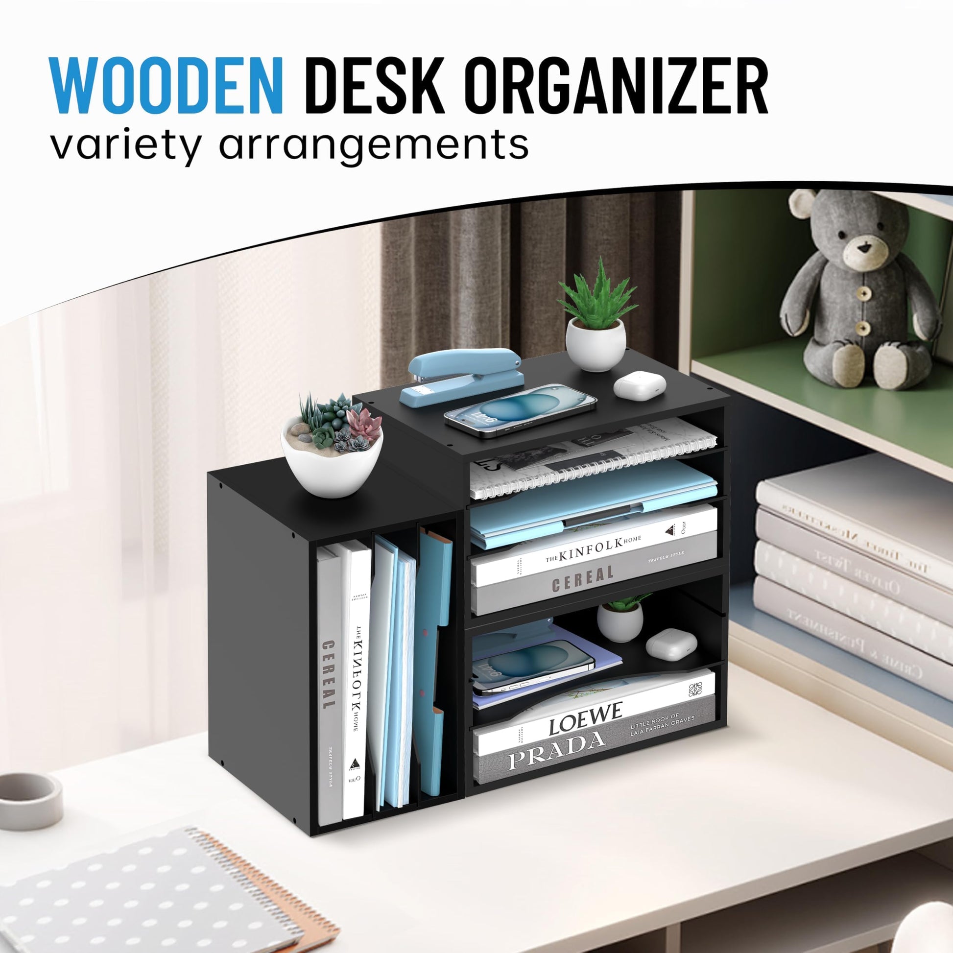 3-Tier Paper Organizer for Desk, Adjustable Mail Organizer, Black