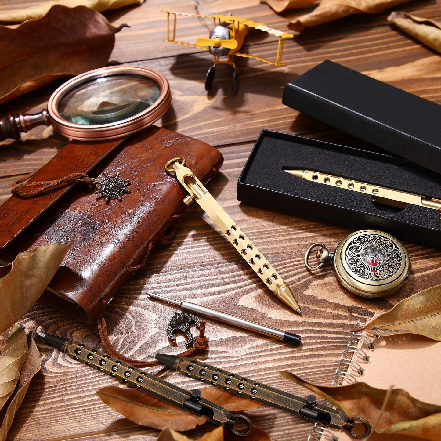 Chinco 12 Pcs Bolt Action Pen Sets Gift for Men 4 Hexagon Solid Brass Pens 8 Ink Refills Edc Pen