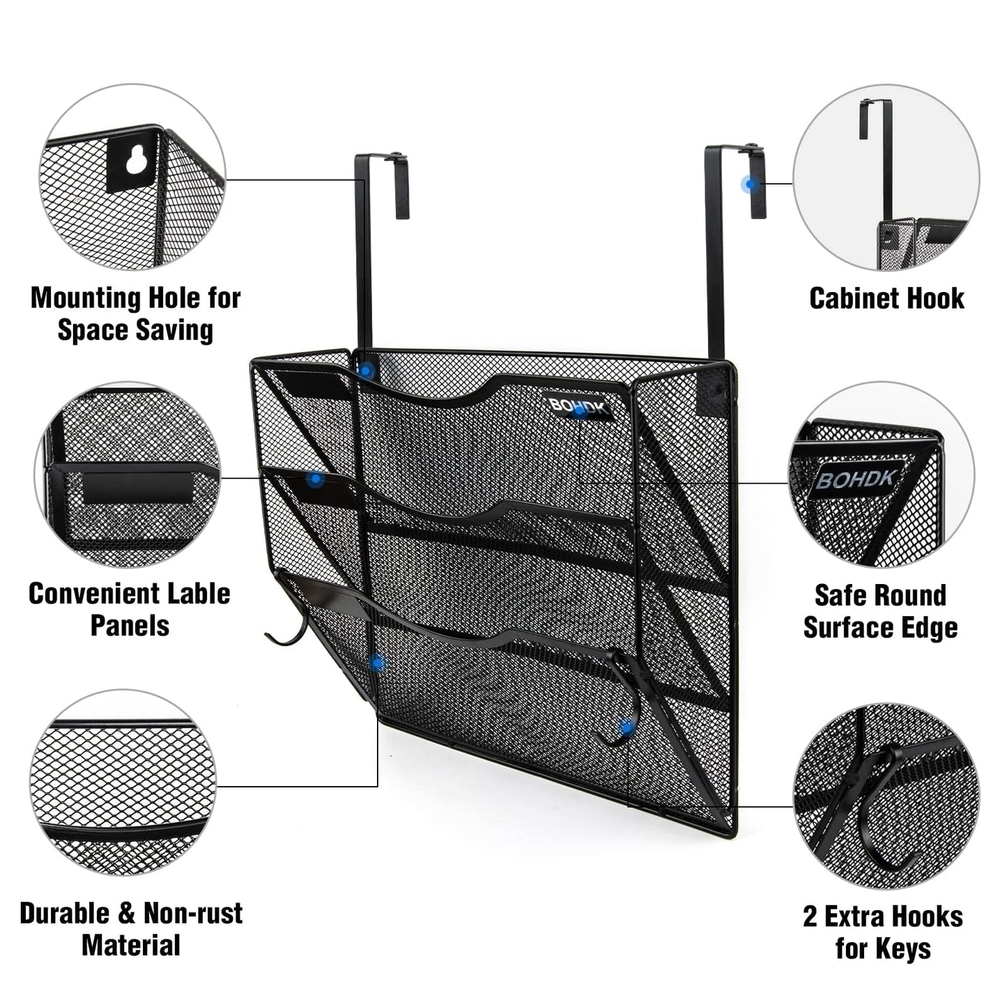 BOHDK Wall File Organizer, 3 Tire Hanging File Folder Mail Organizer, Vertical Mesh Metal Door/Wall