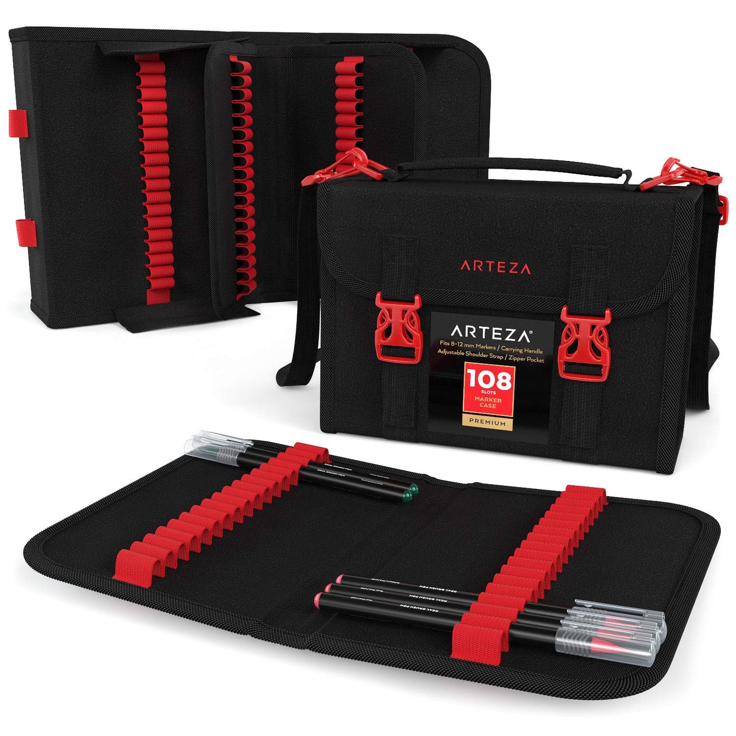 ARTEZA Marker Pen Organizer Case, 108 Slots, Removable Baldric, Zipper Pocket and Carrying Handle