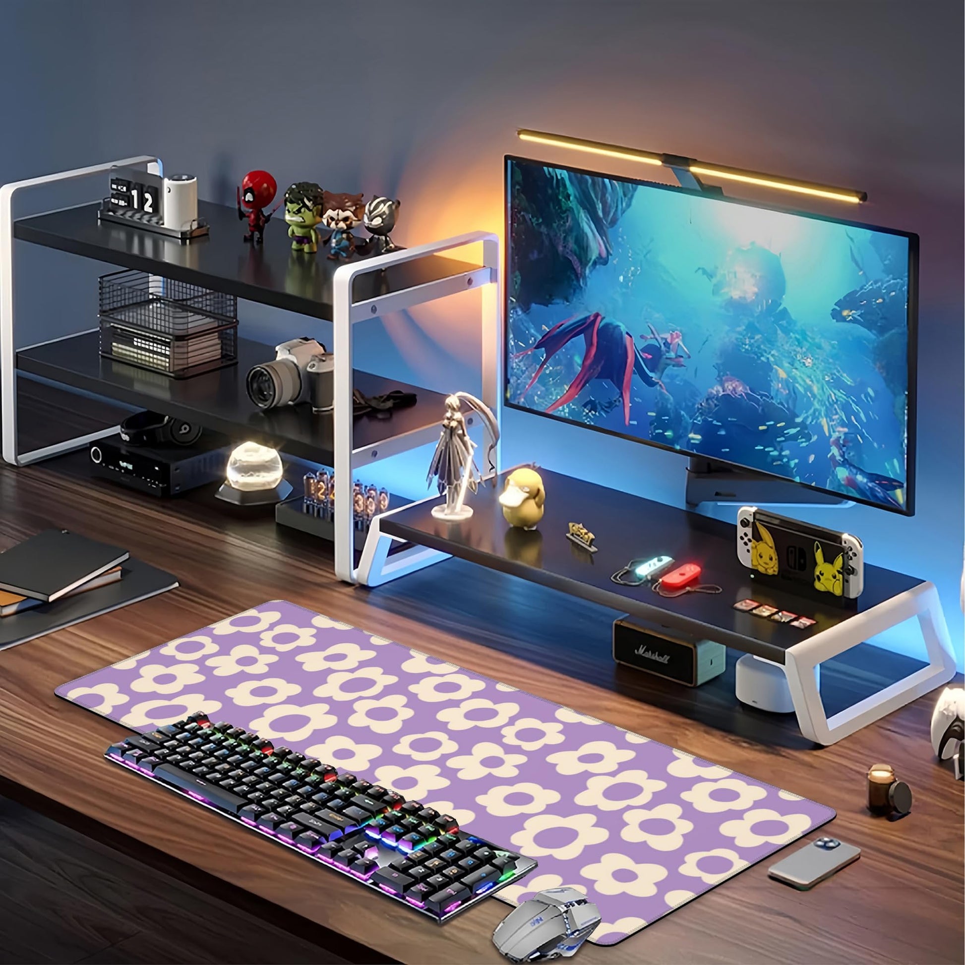 Purple Groovy Flowers Desk Mat,Large Vintage Floral Gaming Keyboard Mouse Pad,Non-Slip Rubber Base