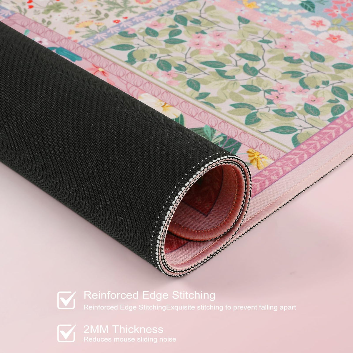 HAOCOO Cute Pink Floral Desk Pad, Large Keyboard Mat with Stitched Edge