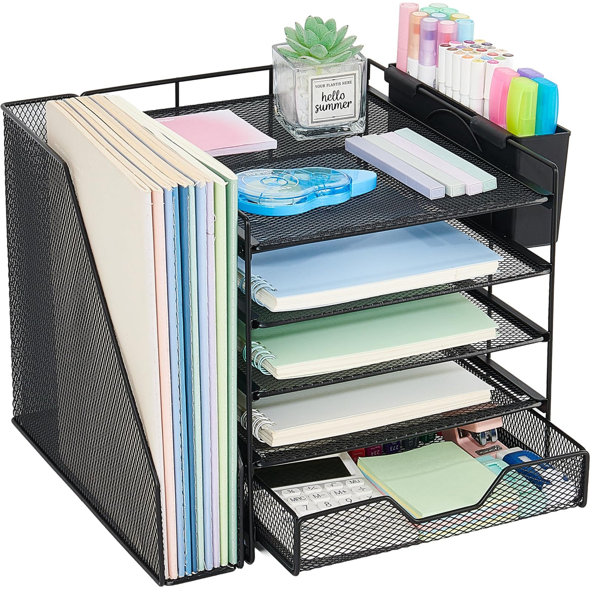 Gugsey 5-Tier Desk File Organizer with Drawer & Pen Holder (Black)