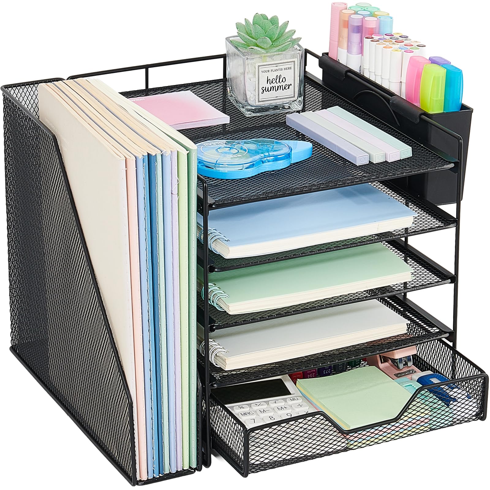 Gugsey 5-Tier Desk File Organizer with Drawer & Pen Holder (Black)