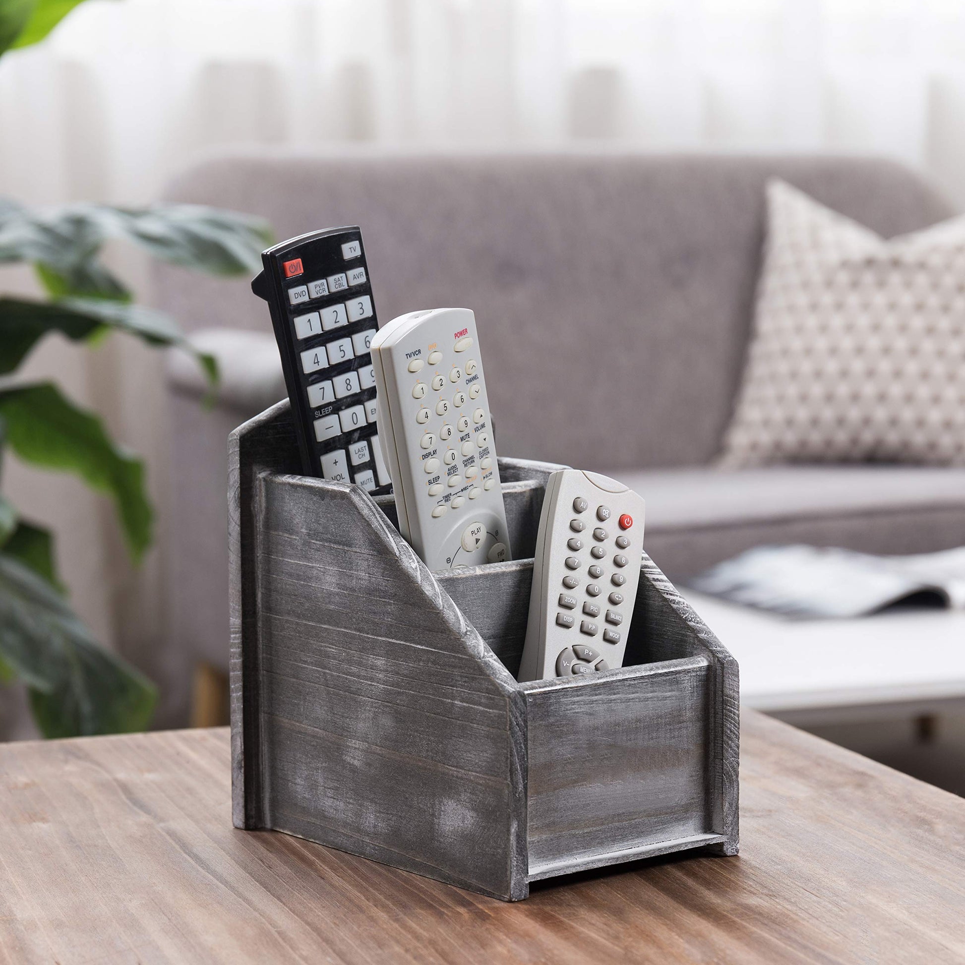 MyGift Graywashed Wood Remote Control Holder, 3-Compartment Desktop Caddy
