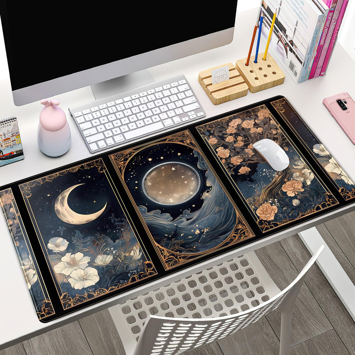 Celestial Lunar Nature Tarot Card Desk Mat Moon Floral Large Mouse Pad XXL 31.5''X 15.7'' Witch