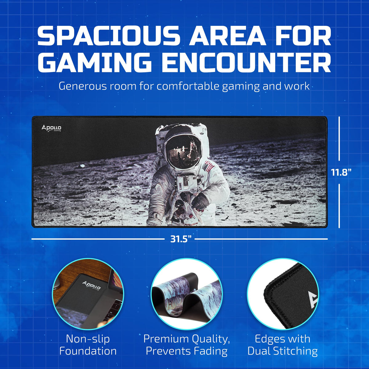 Apollo Gaming Extended Mouse Pad, Large NASA Astronaut Space Design Microfiber Mousepad