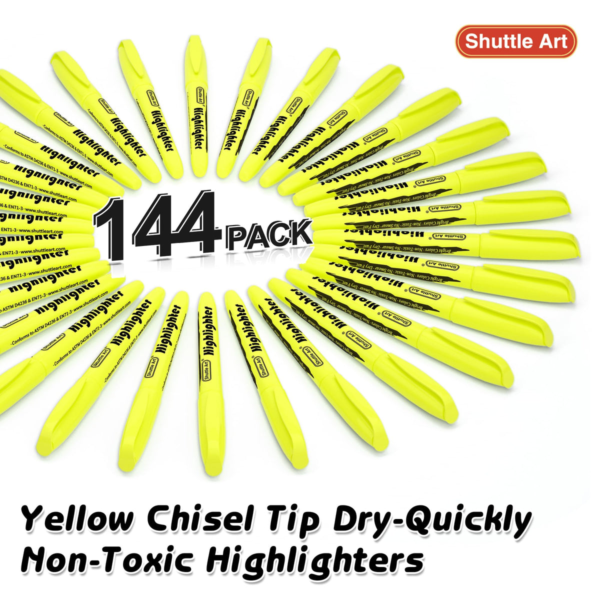 Shuttle Art 144 Pack Highlighters, Yellow Highlighter Pen Bulk with Versatile Chisel Tip