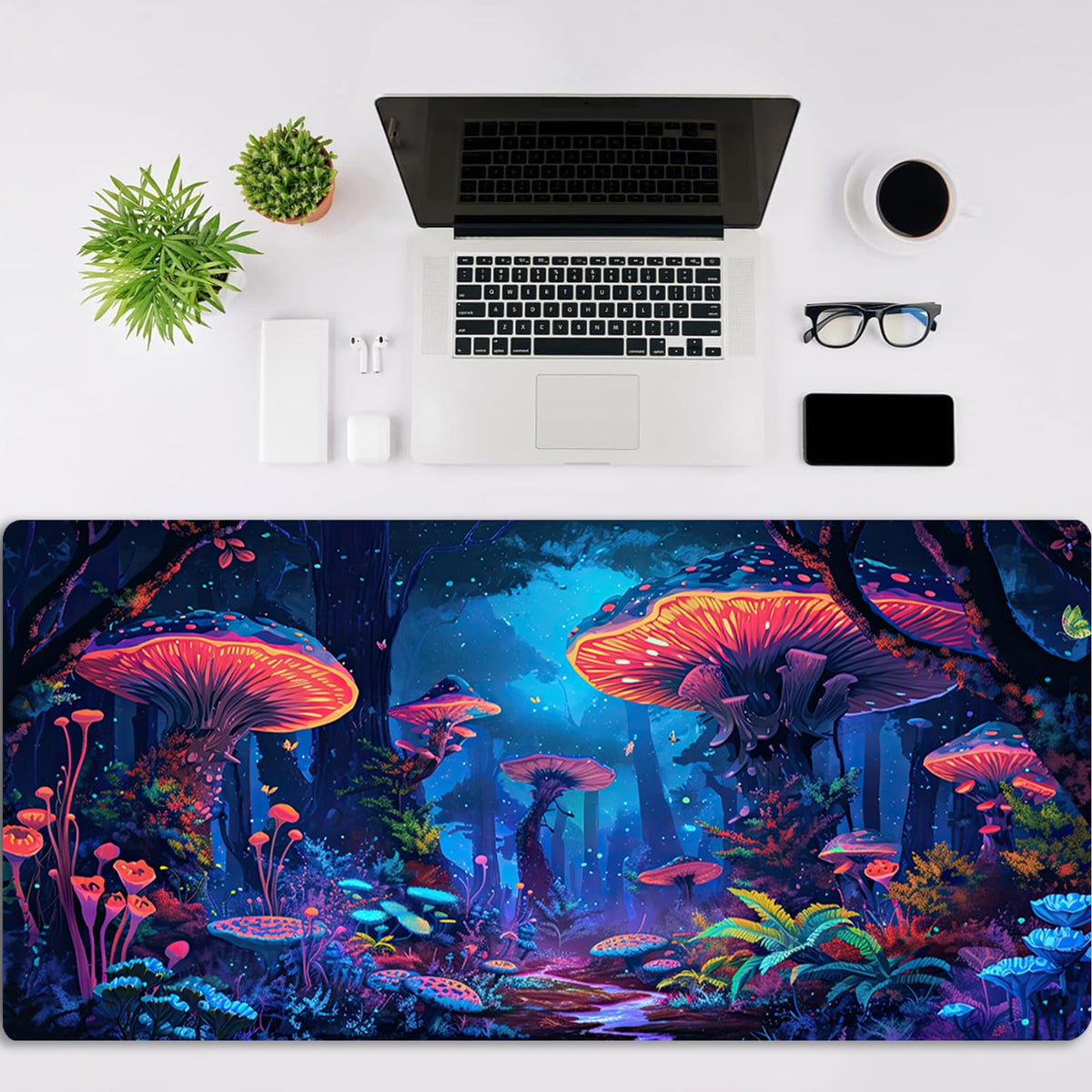 Simpkeely Fantasy Mushroom Mouse Pad, Blacklight Gaming Forest Waterproof Extended Large Desk Pad