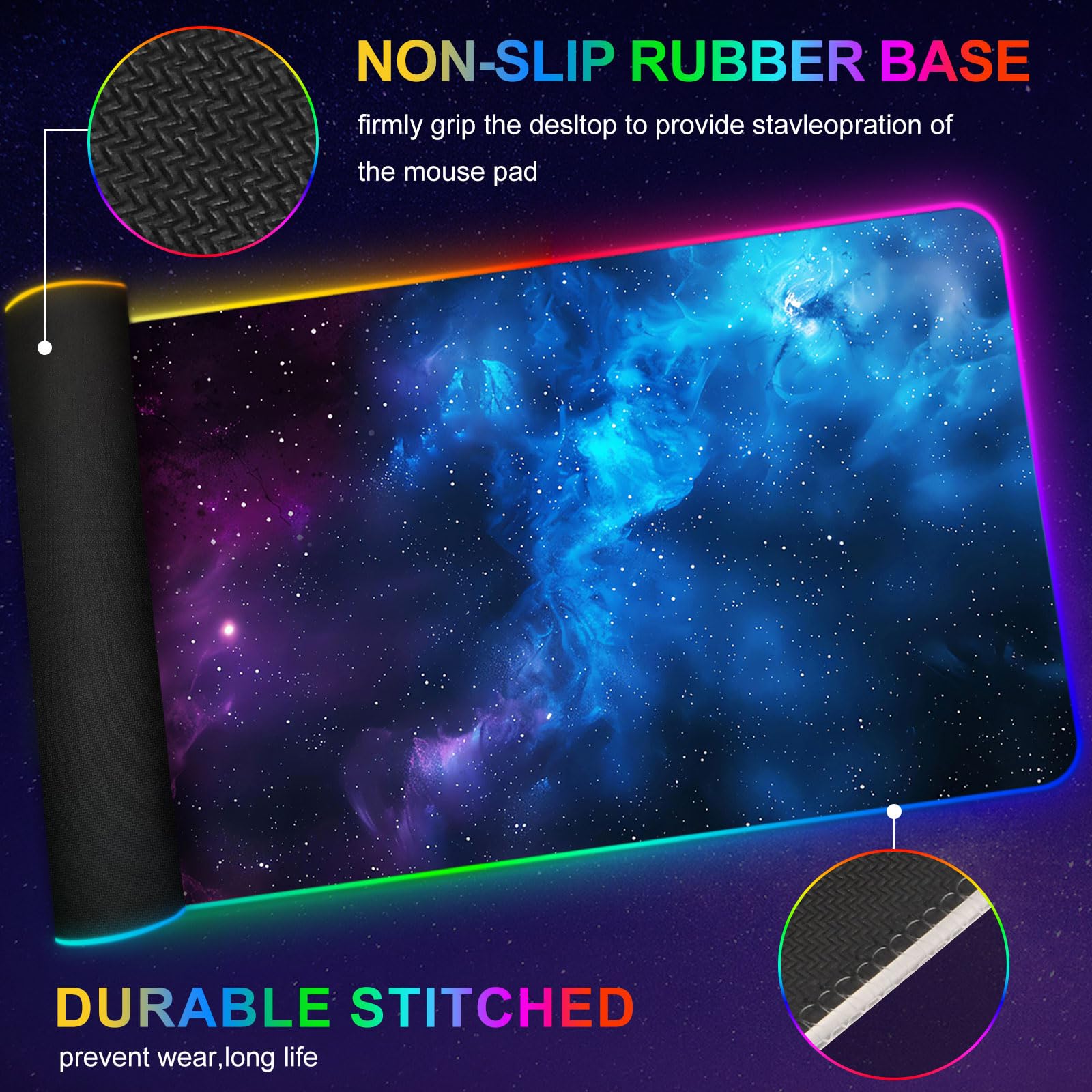 ARTSO RGB Mouse Pad Led,XXL Large Mouse Pad Purple Blue Starry Nebula, Big Mouse mat Computer