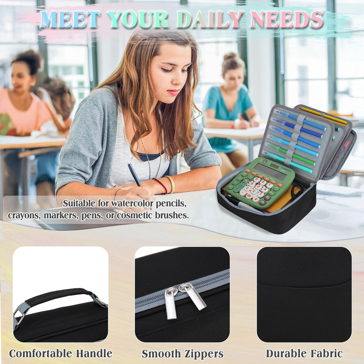 VX VONXURY Large Pencil Case, 54-Slot Colored Pen Pouch 2 Removable Sleeves