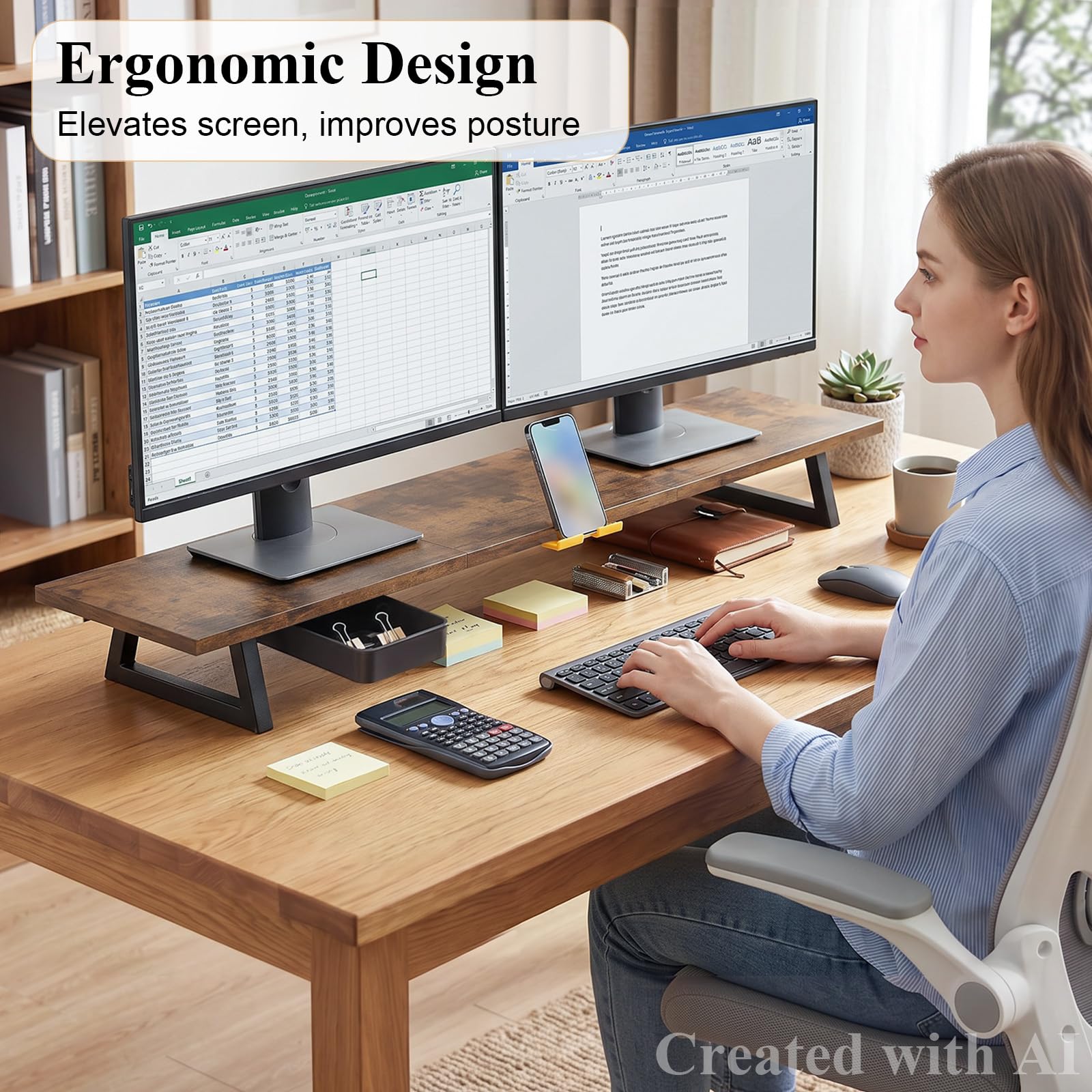 TEAMIX 39.4 inch Dual Monitor Stand Riser with Drawer & Phone Holder, Brown