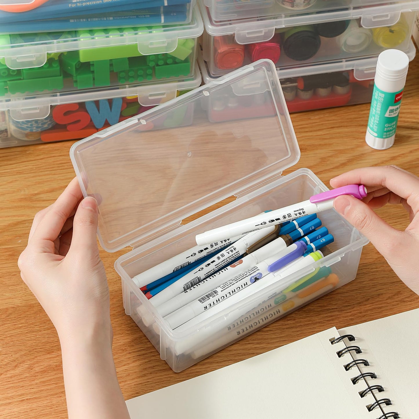 Swuj 8 Pack Large Clear Pencil Box, Stackable Snap-Lid Plastic Pencil Case