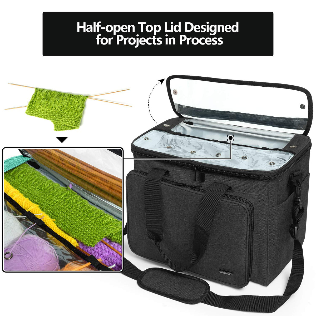 Teamoy Knitting Bag, Yarn Storage Organizer Crochet Bag Tote, Black