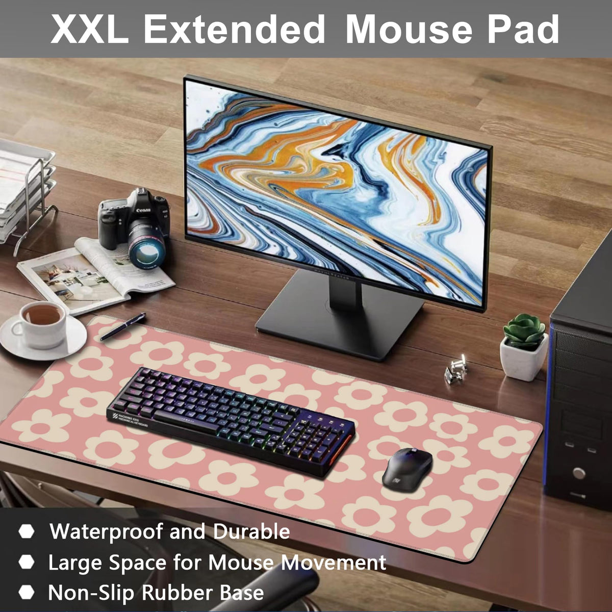 Mouse Pad, Large Pink Groovy Flowers Desk Mat, Extended Non-Slip Gaming Keyboard Mousepad Desk Pad