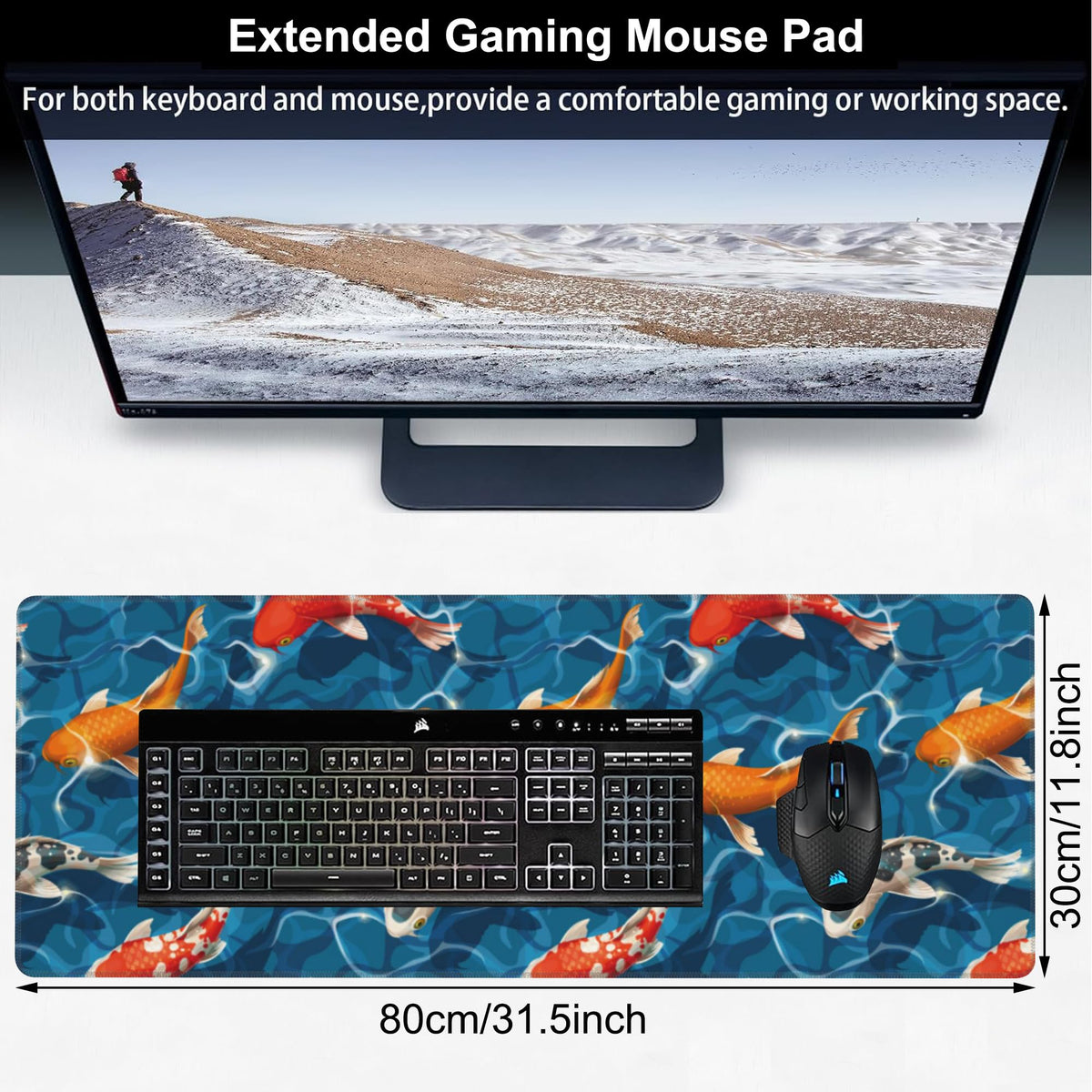 Koi Carps Desk Mat,Large Swimming Koi Fish Gaming Keyboard Mouse Pad,Non-Slip Rubber Base Desk Pad