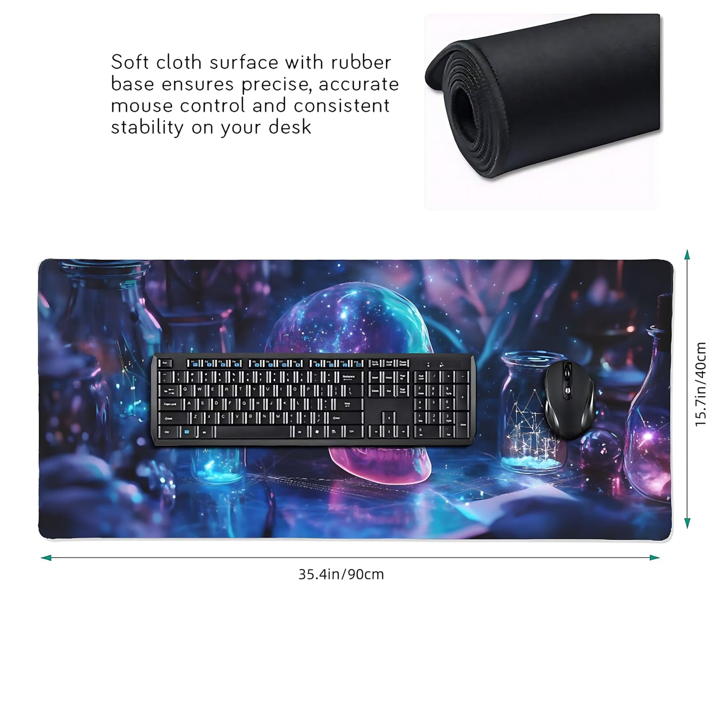 Aesthetic Skull Gaming Mouse Pad, Deep Blue Cyber Desk Mat with Anti-Slip Base & Stitched
