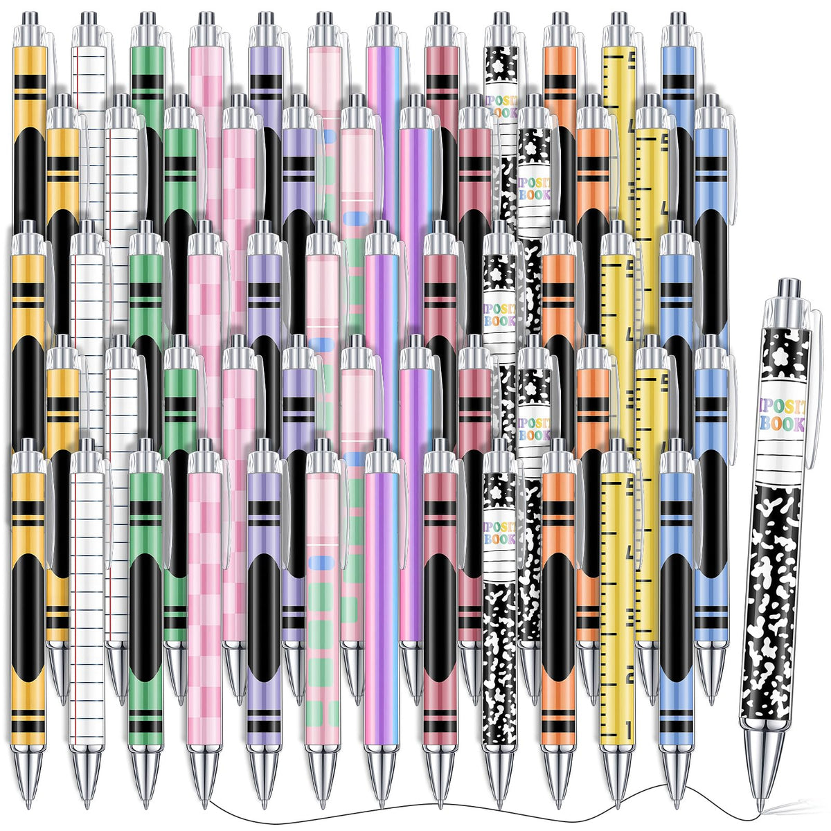 Cholemy 48 Pcs Composition Notebook Pens Bulk Pack, 12 Styles Retractable Ballpoint Pens, Cute