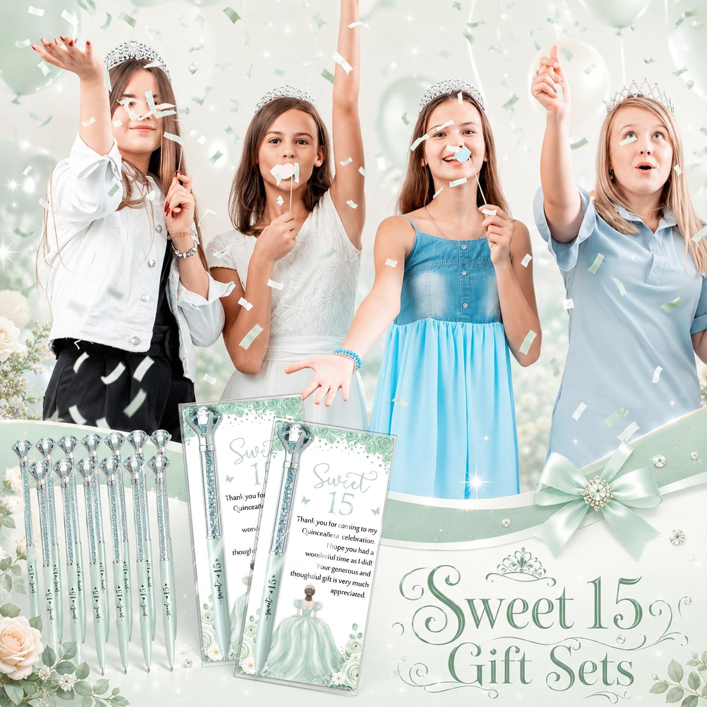 Sayglossy 50 Sets Quinceanera Party Favors Sweet Thank You Gifts Diamond Pens with Thank You Cards
