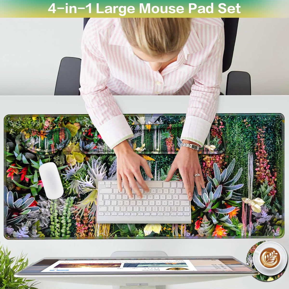 Desk Mat Floral, Large Gaming Mouse Pad with Wrist Rest 4in1 XXL