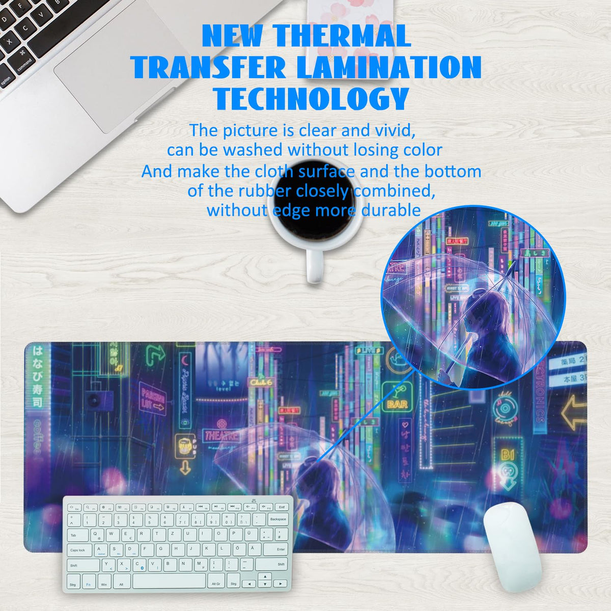 Desk Mat, Neon City Rainy Night Extended Gaming Mouse Pad Large, 31.5"x11.8" Big Mouse Pad with