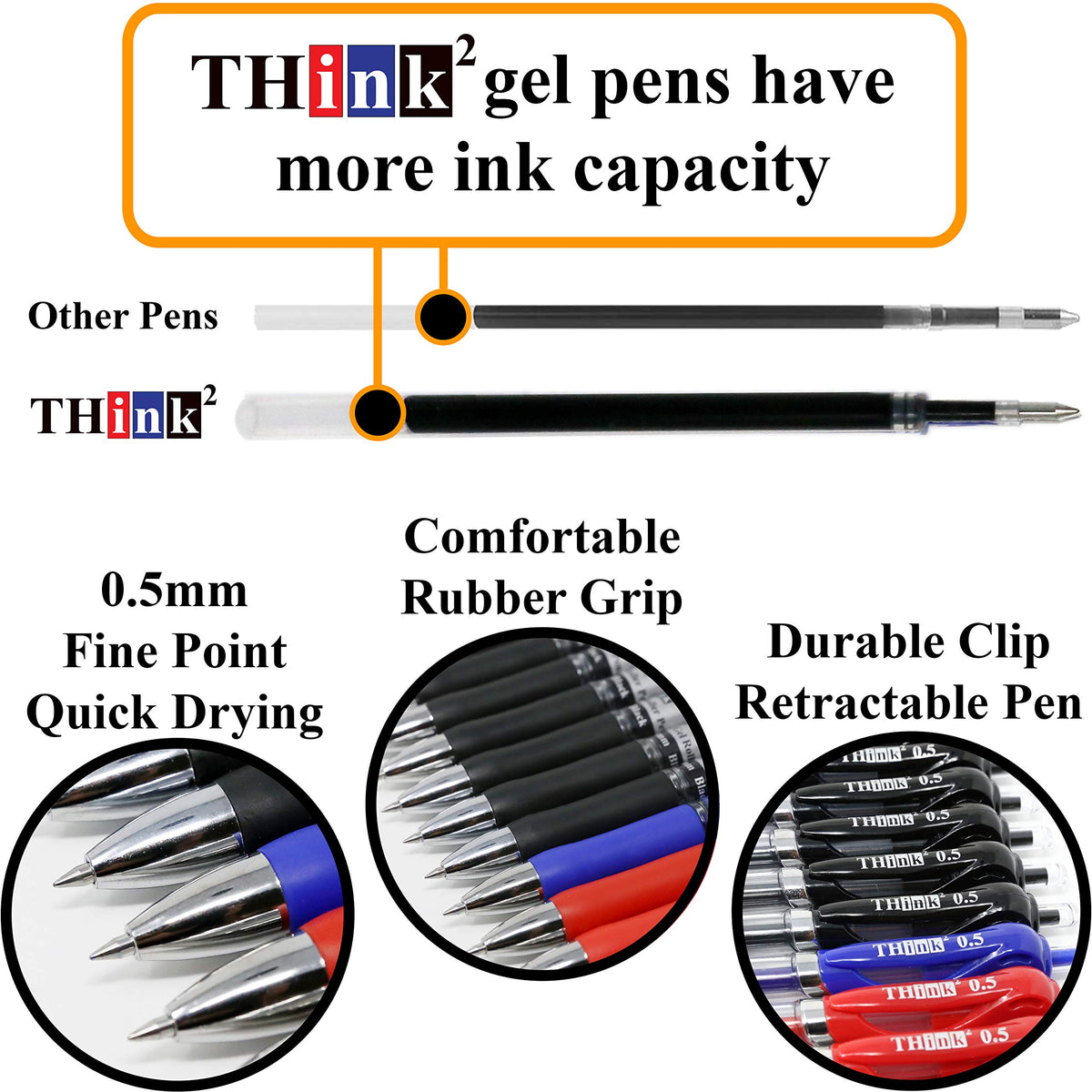 [24 Pens - 3 Colors] Think2 Retractable Gel Pens. (18 Black, 3 Red, 3 Blue) Fine Point (0.5mm)