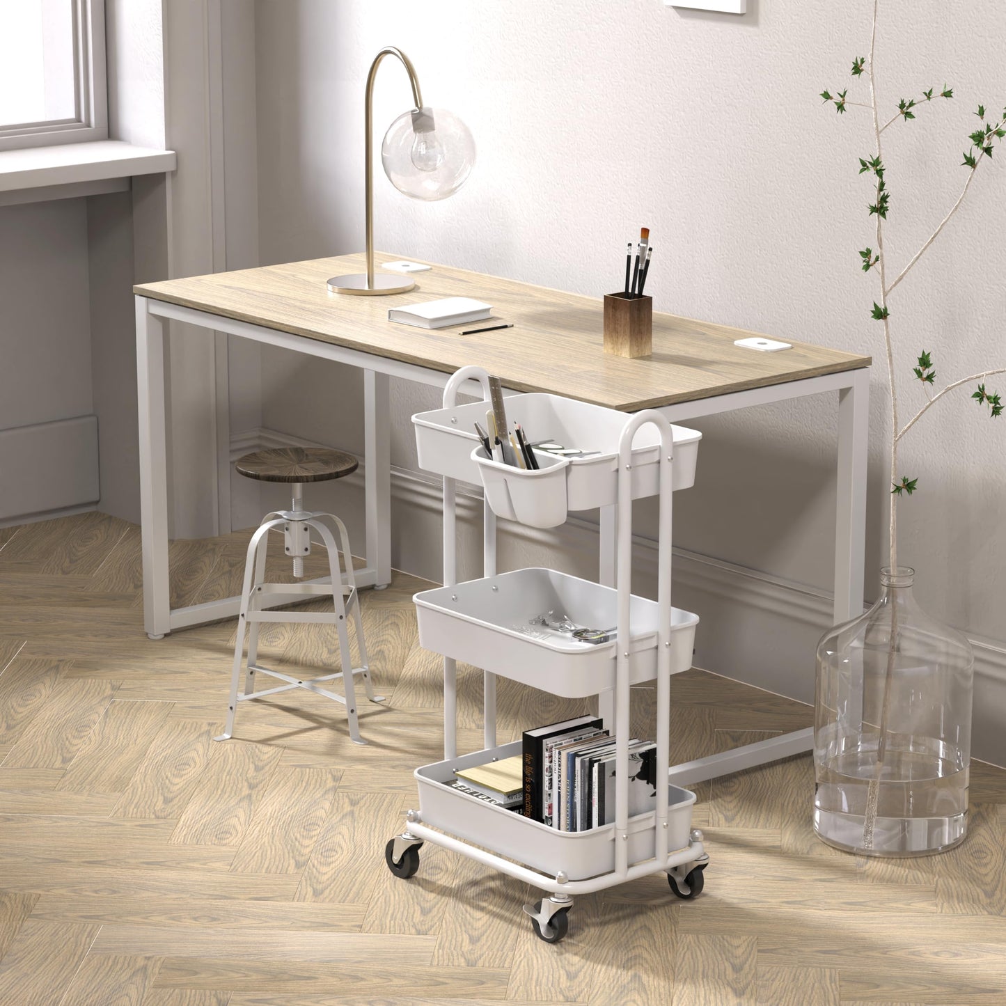 Simple Houseware 3-Tier Rolling Utility Cart with Hanging Bucket, White