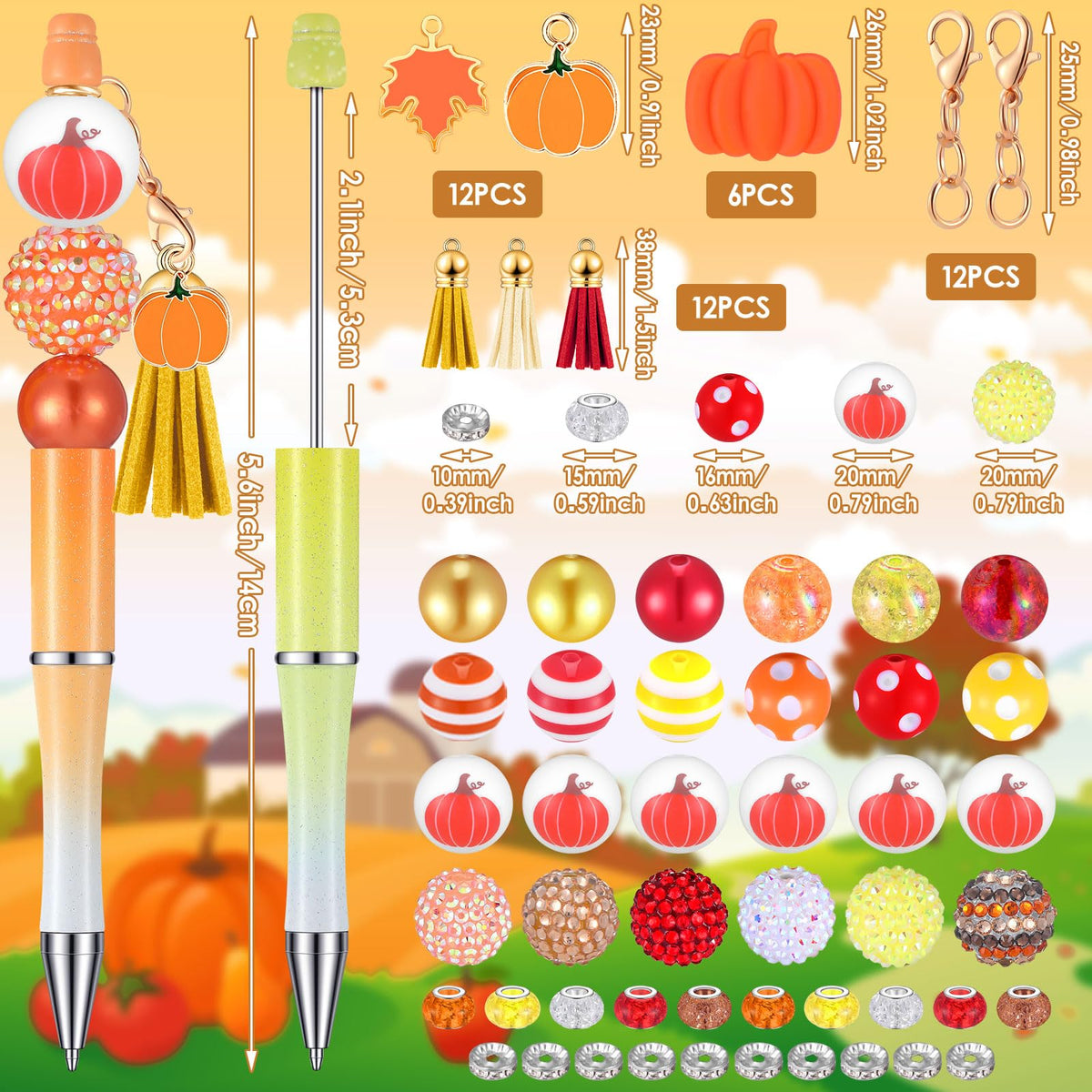 Jutom 12 Fall Beadable Pens Halloween DIY Kit 50 Beads 12 Tassels Pendants