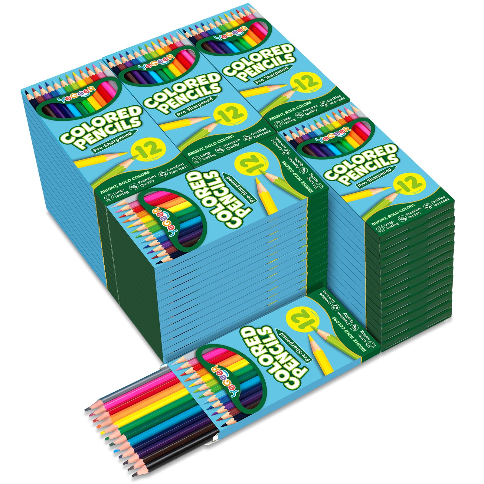 YEGEER Colored Pencils Bulk, 12 Assorted Colors, 100 Packs Pre-sharpened Coloring Pencils Set for