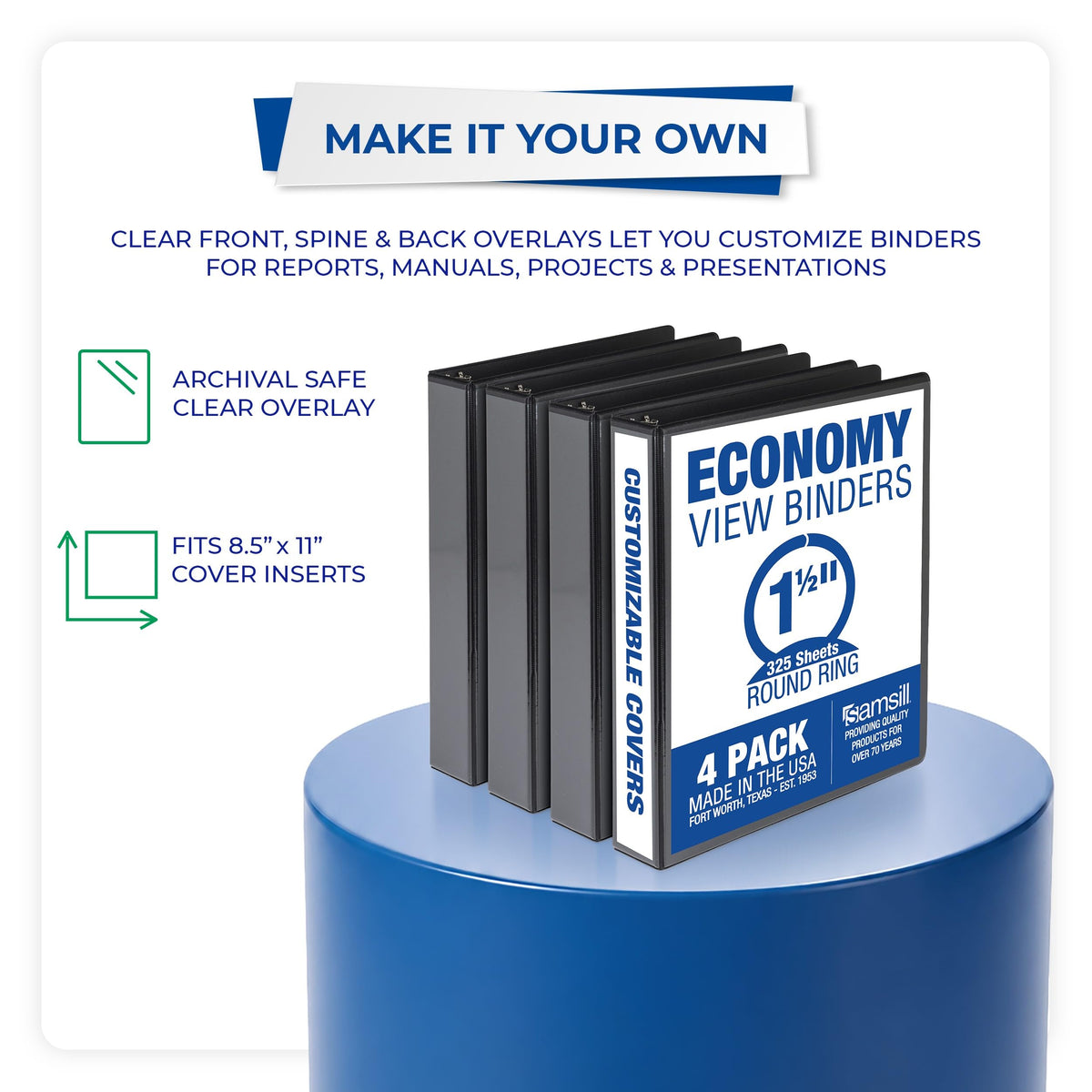 Samsill 1.5 Inch 3 Ring Binders, Made in USA, Economy Round Ring, Clear View Cover, 325 Sheet