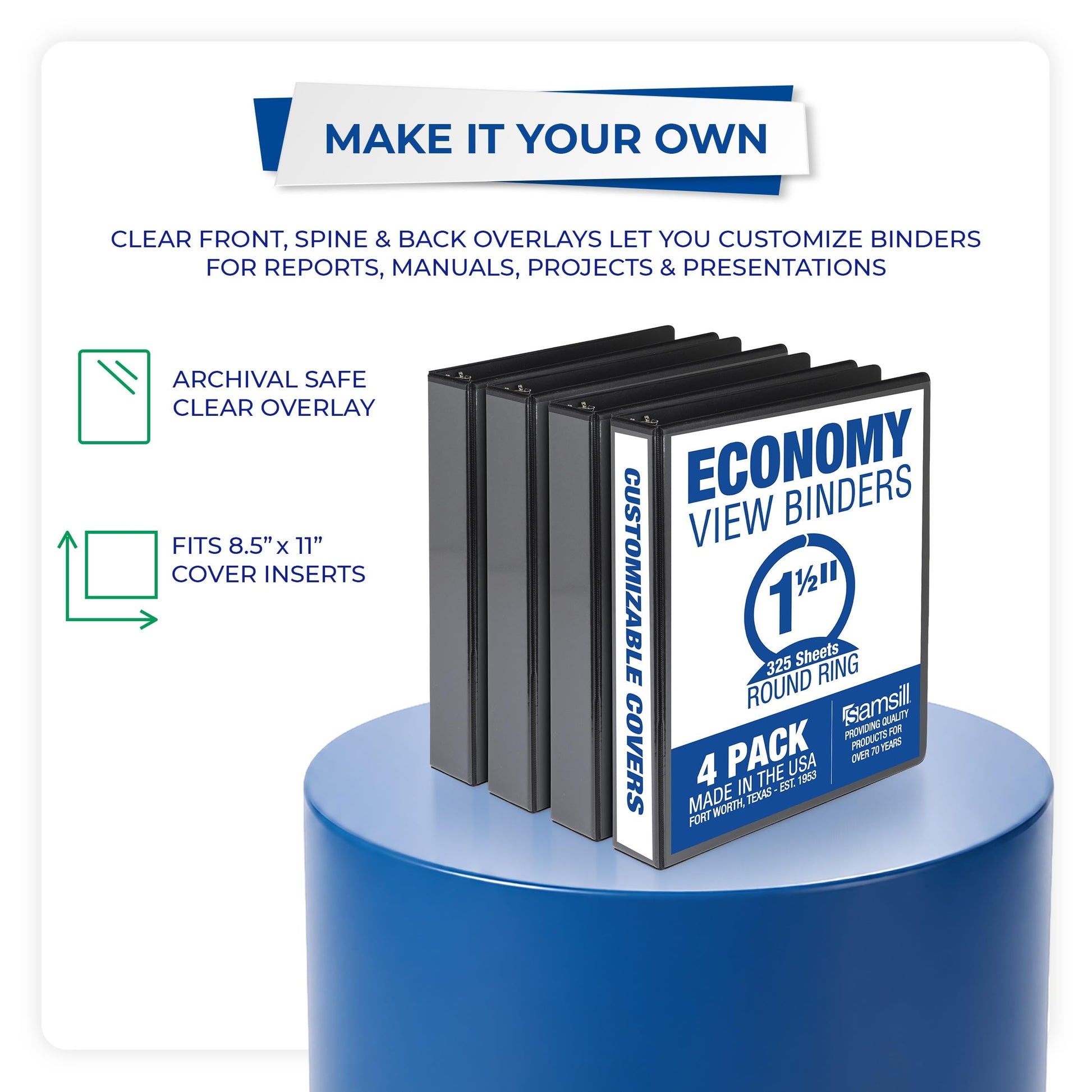 Samsill 1.5 Inch 3 Ring Binders, Made in USA, Economy Round Ring, Clear View Cover, 325 Sheet