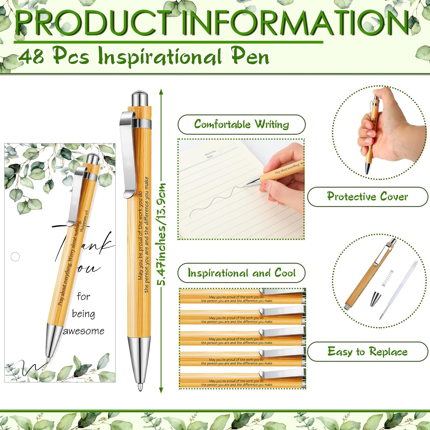 Yeaqee 48 Set Employee Appreciation Bamboo Pens with Thank You Cards