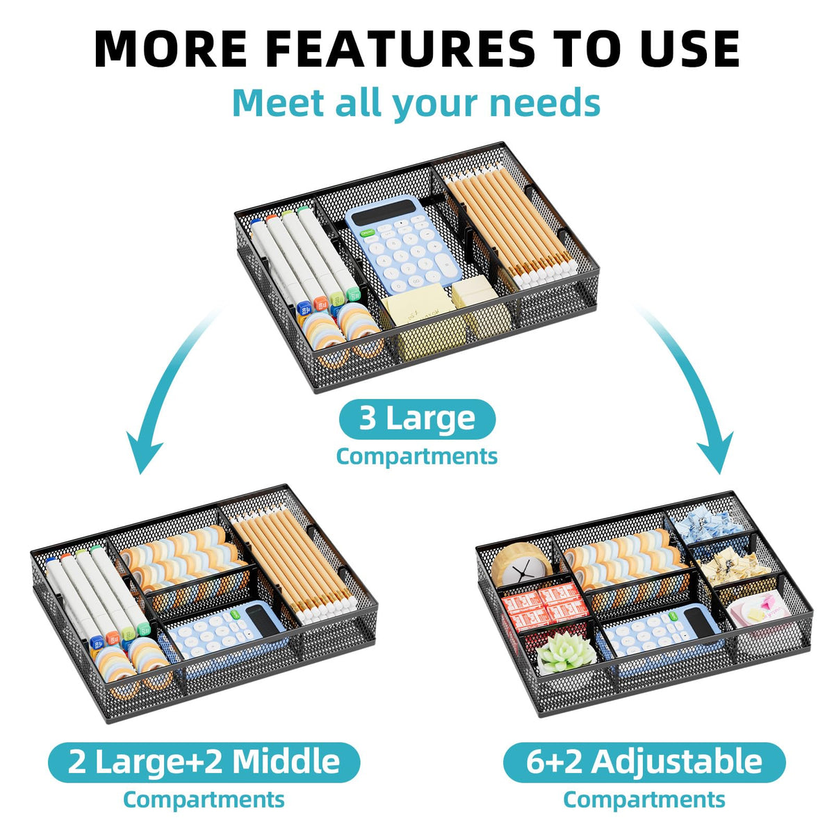 Marbrasse 2 Pack Desk Drawer Organizer, Mesh Drawer Organizer Tray with 8 Adjustable Compartments
