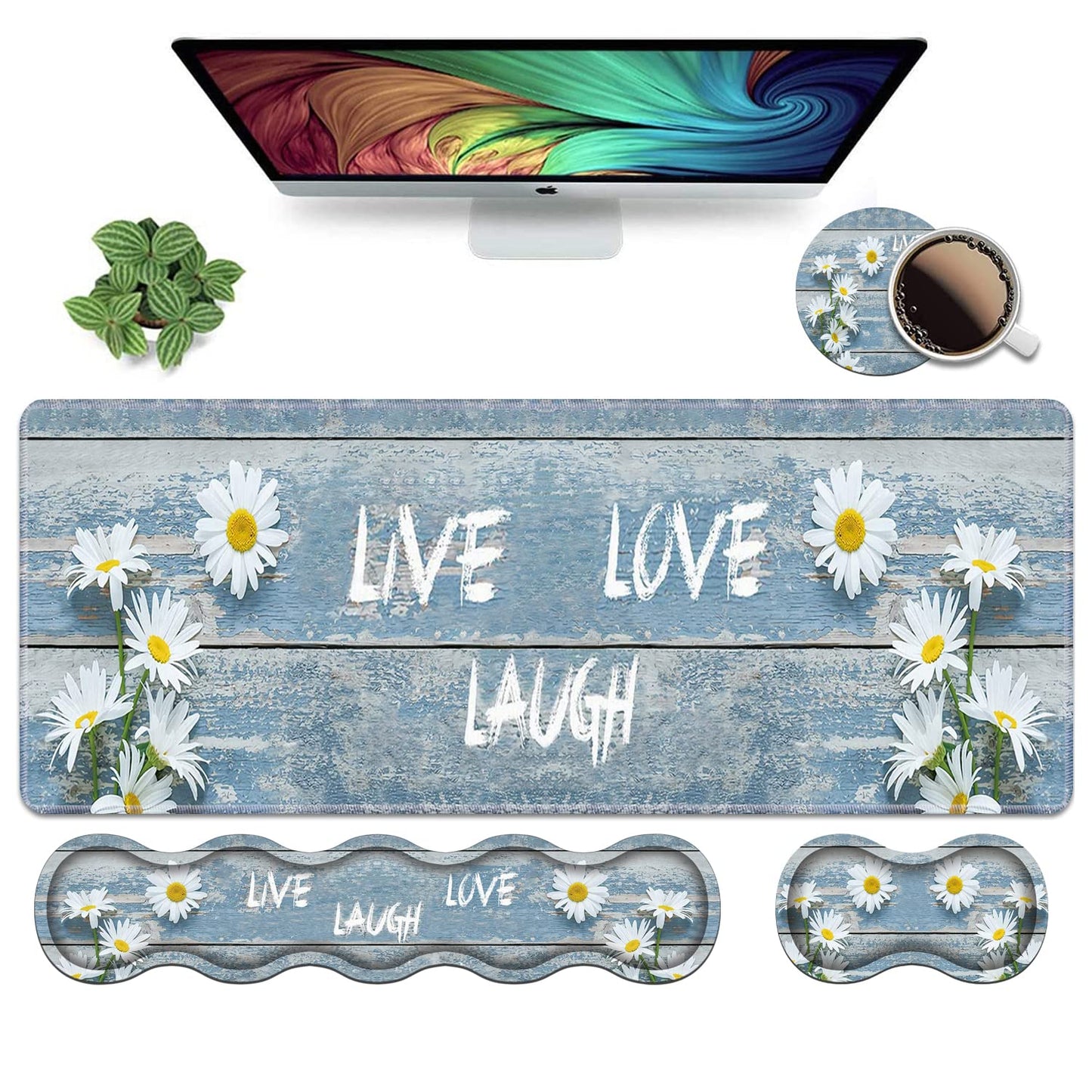 Ergonomic Keyboard Wrist Rest and Mouse Pad Wrist Rest Set,Dreamy Daisy Vintage Wood Board Live