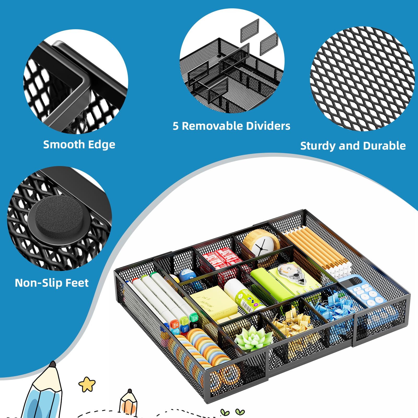 Marbrasse Expandable Desk Drawer Organizer, Mesh Drawer Organizer Tray with 10 Adjustable