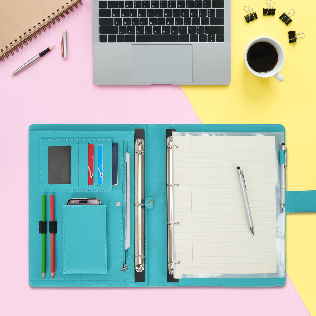 Wonderpool A4 PU Leather 3 & 4 Ring Holder Writing Portfolio Multi Document Case with Removable
