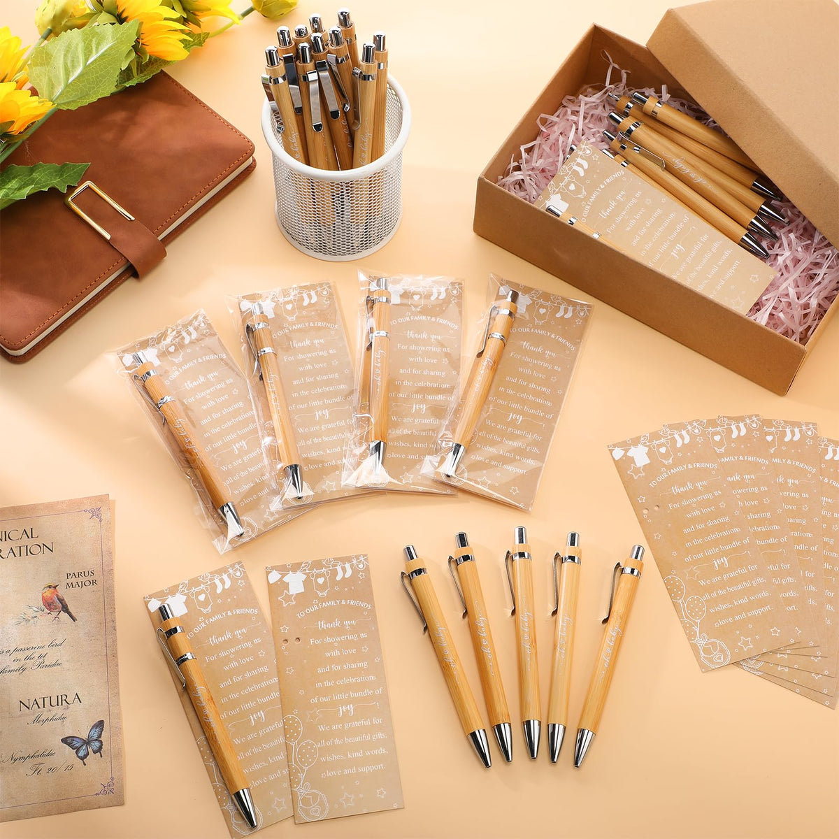 Zhanmai 36 Set Rustic Baby Shower Favors for Guests Include 36 Ballpoint Pens 36 Thank You Cards 36
