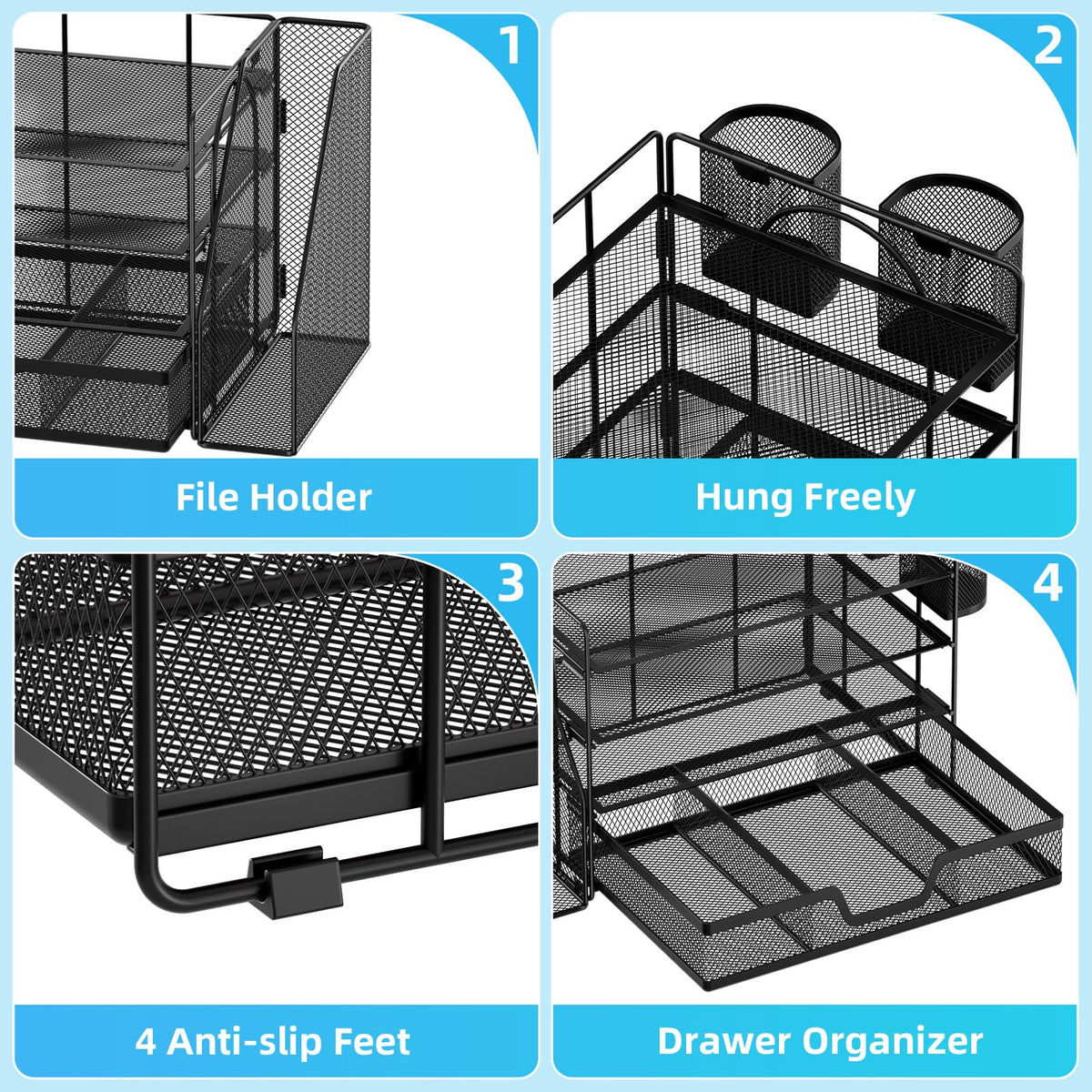 Marbrasse 4-Tier Paper Tray Organizer with Drawer and Pen Holder, Black