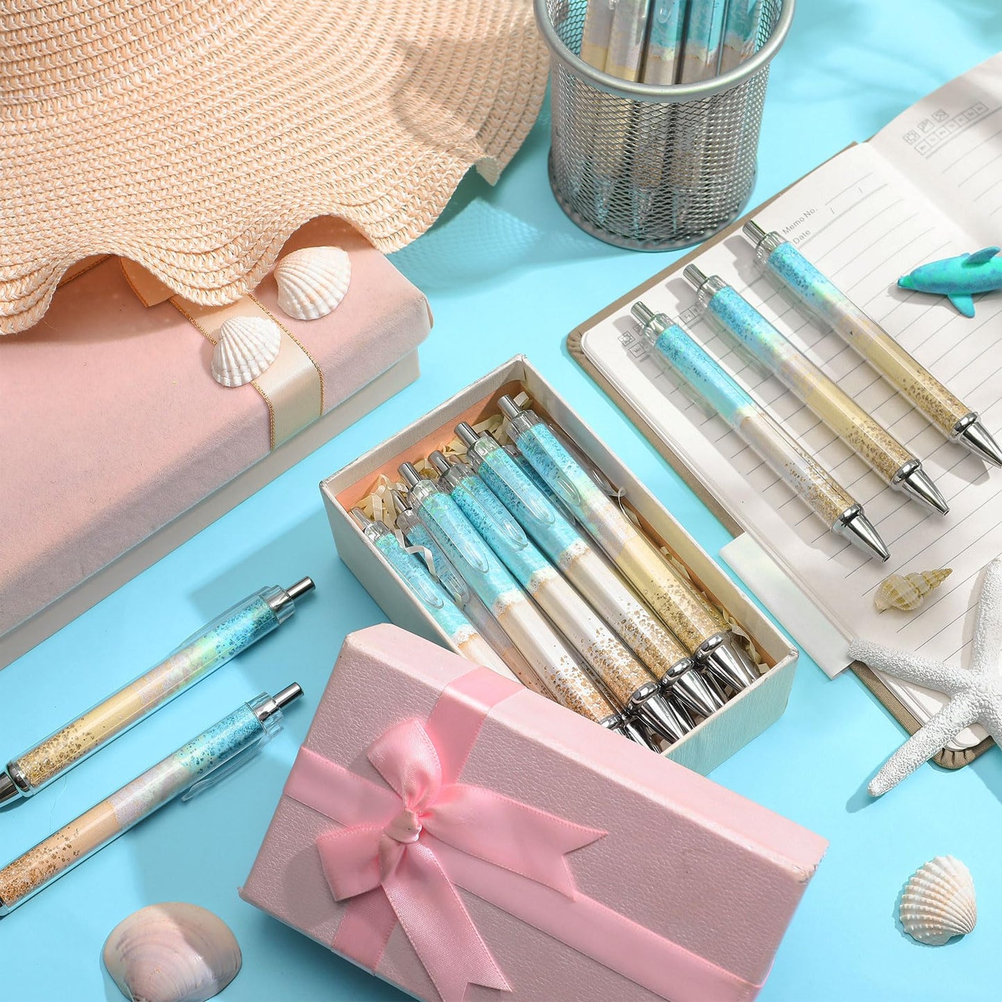 Motipuns 48 Pcs Beach Teal Pens Bulk Ocean Party Favor Summer Teacher Gift