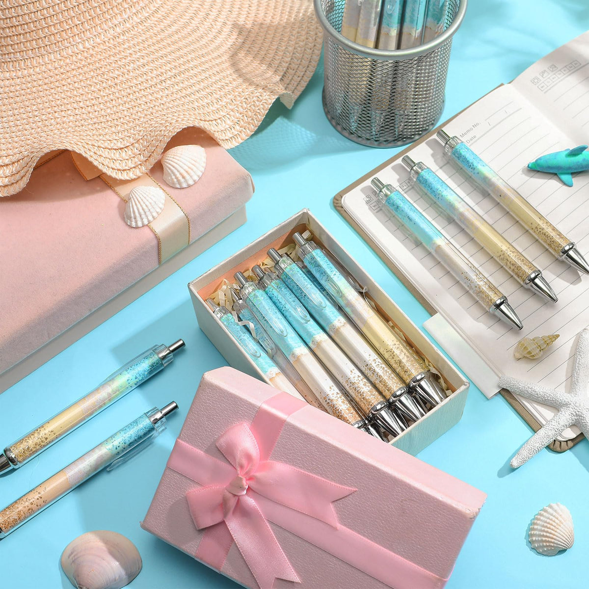 Motipuns 48 Pcs Beach Teal Pens Bulk Ocean Party Favor Summer Teacher Gift