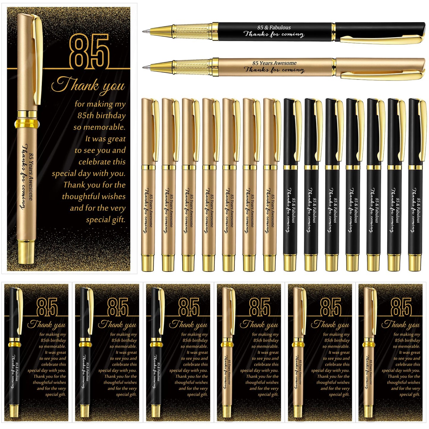 Feifeiya 50 Set 85th Birthday Favors with Black Gold Pens Cards