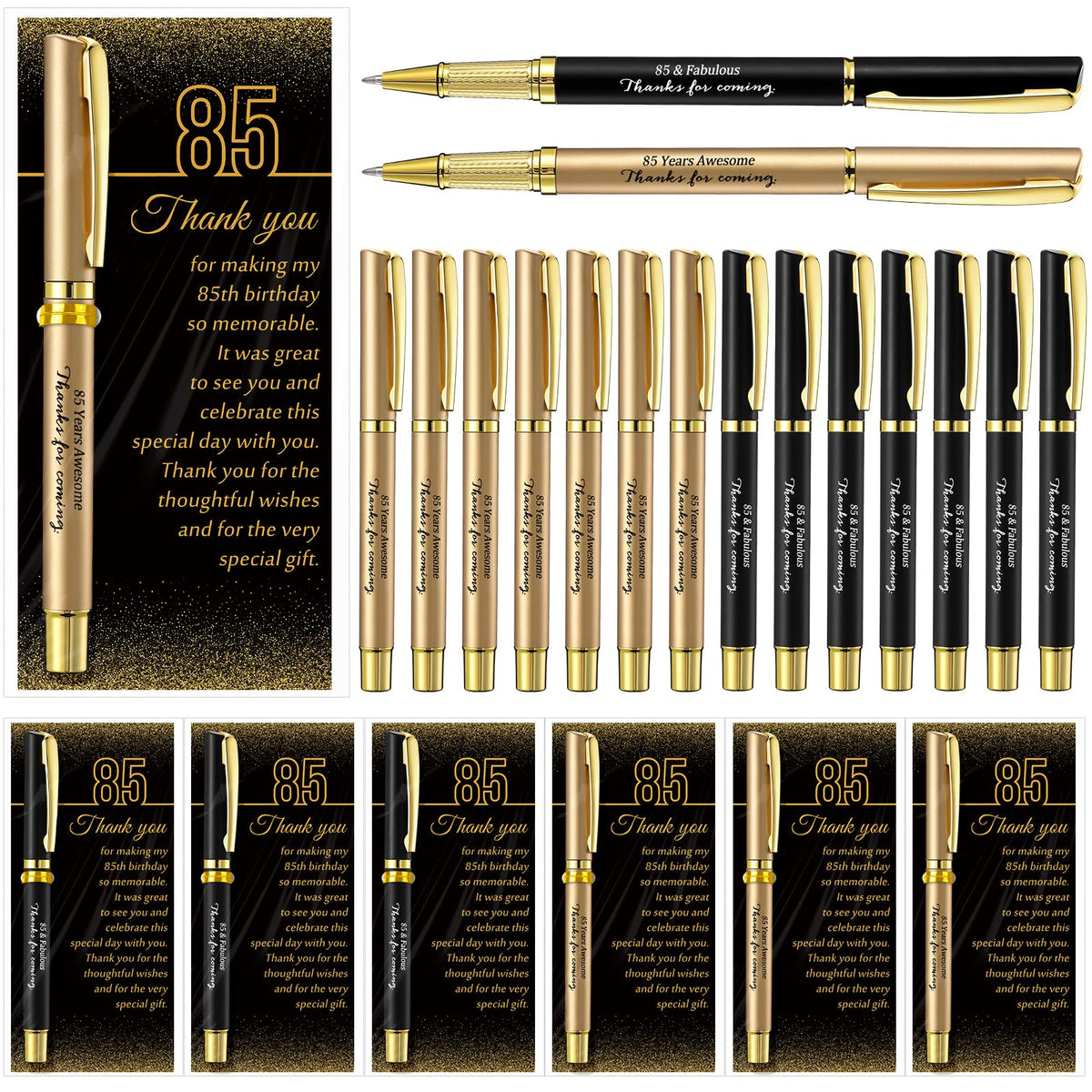 Feifeiya 50 Set 85th Birthday Favors with Black Gold Pens Cards