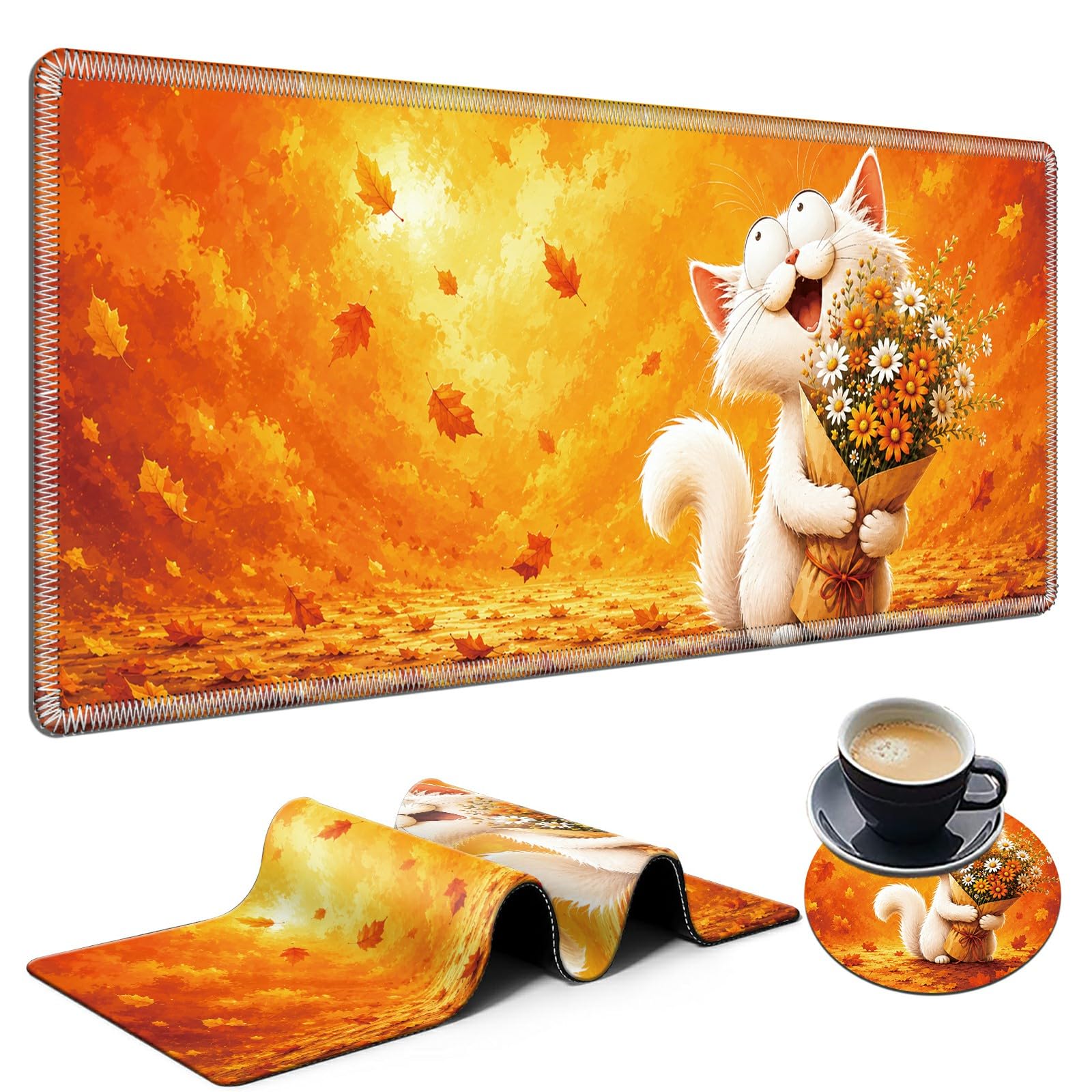 Autumn Flower Cat Large Mouse Pad, 31.5 x 11.8 in Extended Desk Mat
