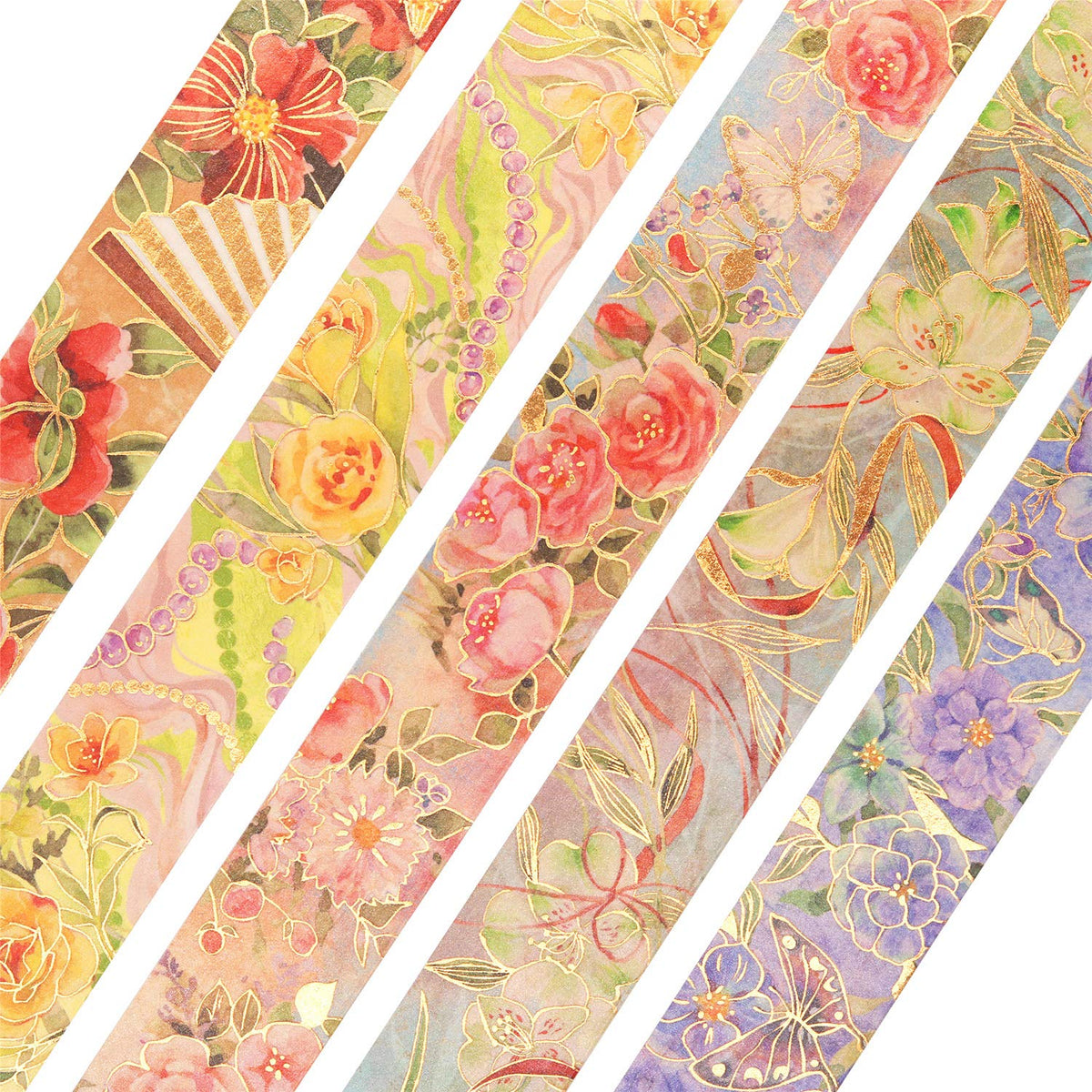 YUBBAEX Blooming Washi Tape Set Gold Foil Masking Tape Peony Wide Decorative for Arts, DIY Crafts