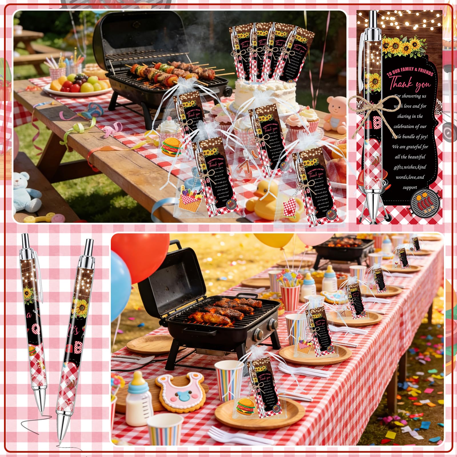 EYNDYN 145 Pieces BBQ Baby Shower Gifts for Guest It's a Baby Q Ballpoint Pens and Keychains Favors
