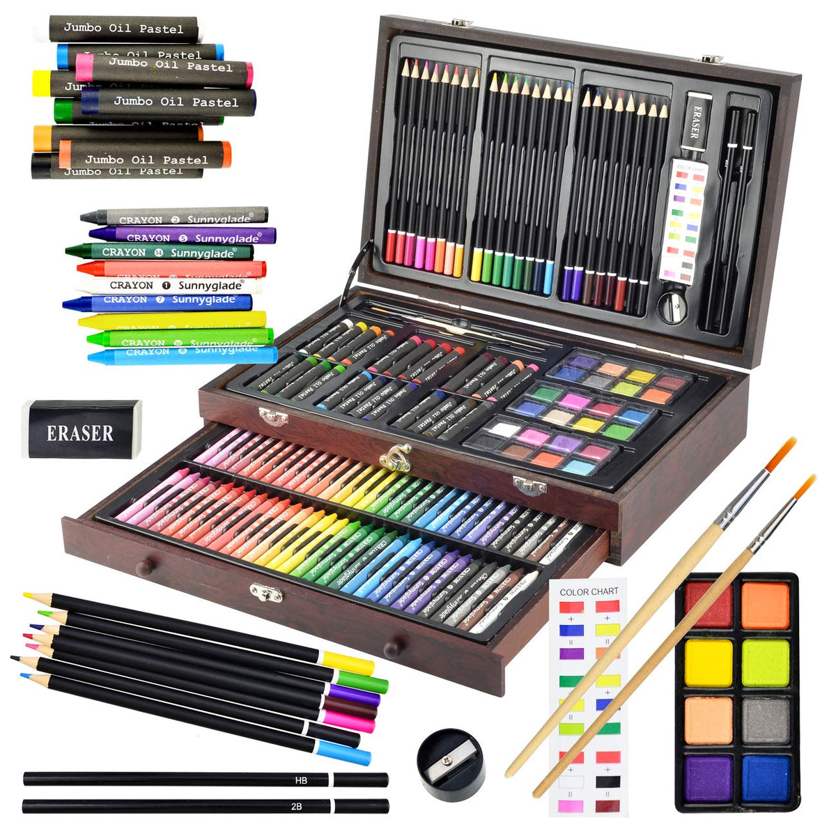 Sunnyglade 145 Piece Deluxe Art Set Wooden Art Box & Drawing Kit Cherry