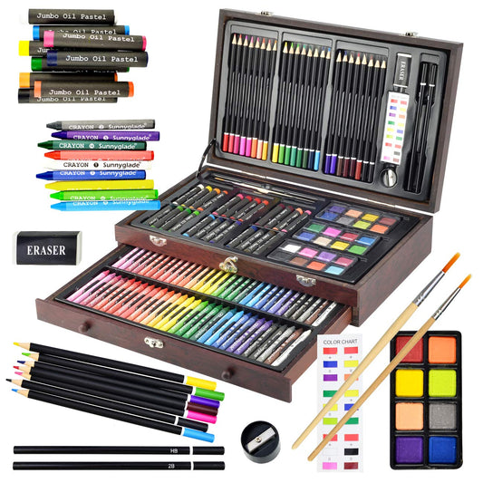 Sunnyglade 145 Piece Deluxe Art Set Wooden Art Box & Drawing Kit Cherry