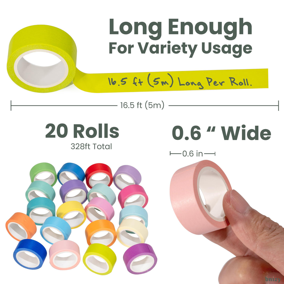 bnizy 20PCS Colored Washi Tape, Kids Art Supplies Colored Tape, DIY Craft Tape, Colored Tape Rolls