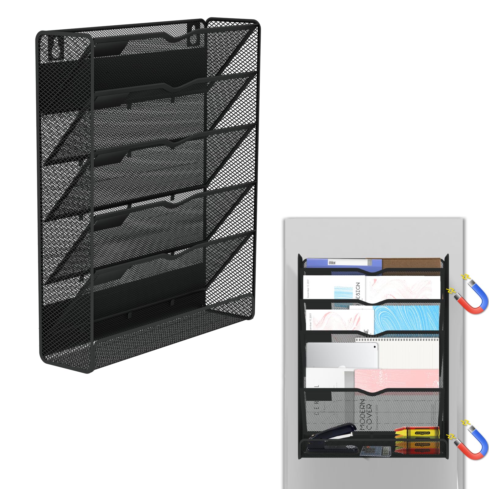 Ounyoizs 6-Tier Magnetic File Holder, Large Capacity File Cabinet Organizer, No-Drill Mount Hanging